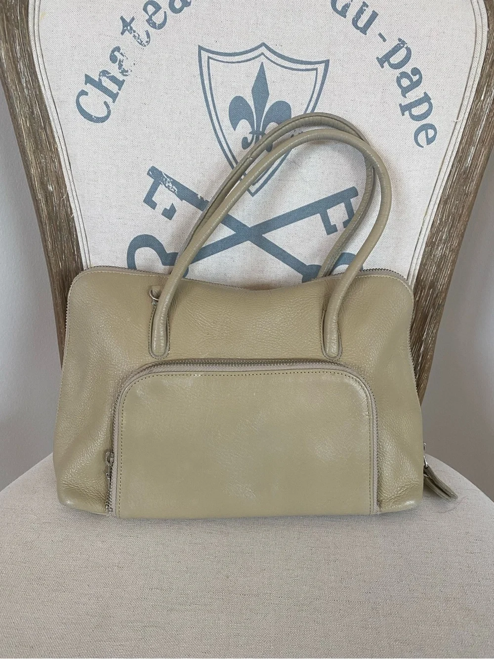 Japanese Vintage Beige Leather Tote Handbag - Neutral Leather Satchel - staple